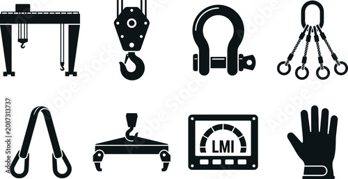Industrial Crane Rigging and Heavy Lifting Equipment Black Silhouette Icon Set with Hoist Tools