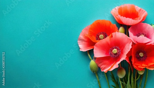 Vibrant Pink and Red Iceland Poppies Bouquet Against Bright Turquoise Background
