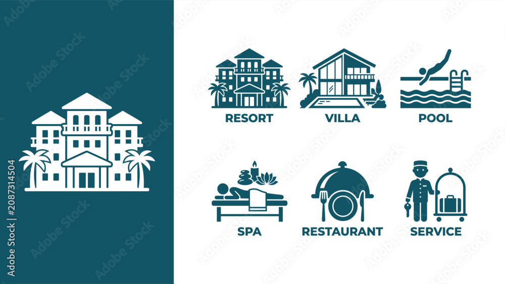 Fototapeta premium Resort and Villa Icon Set: Pool, Spa, Restaurant, and Service Illustrations for Hospitality Design. Flat vector illustration EPS 10.
