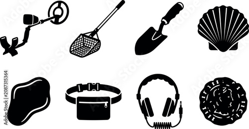 Fotografie Beach Metal Detecting and Treasure Hunting Black Silhouette Icon Set with Gear,
