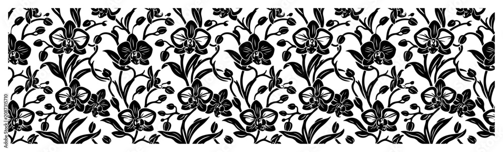 Fototapeta premium Orchid flowers and buds seamless pattern in black and white botanical engraving style