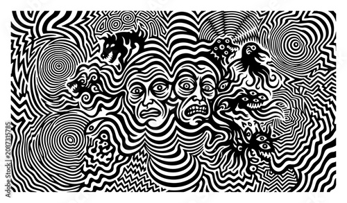 Fotografie Surreal psychedelic faces with wavy optical patterns and dreamlike creatures