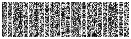 Tribal masks and ethnic symbols arranged in vertical columns in indigenous art style