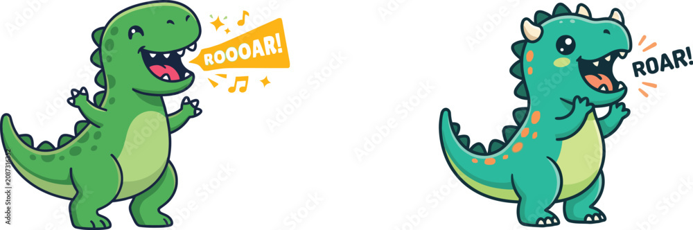 Fototapeta premium Cute cartoon dinosaurs roaring at each other
