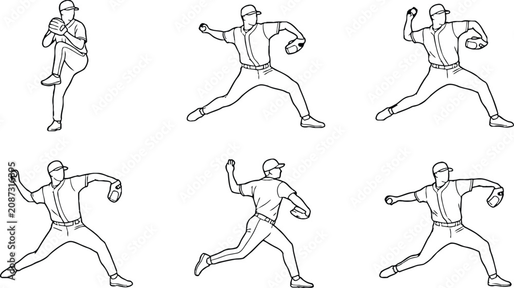 Fototapeta premium Baseball pitcher throwing motion sequence a detailed black and white line art illustration depicting the stages of a pitch perfect for sports training 