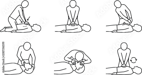 Fotografía Set of first aid icons demonstrating CPR and emergency resuscitation techniques