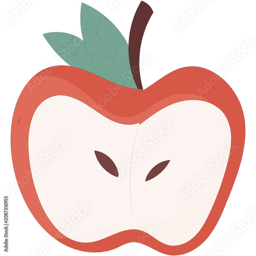 Flat colored illustration of a red apple sliced in half showing seeds symbolizing fresh fruit, healthy snack and cross section.