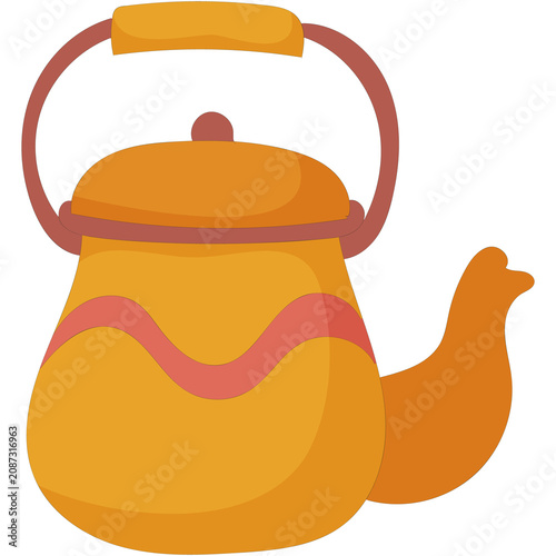Flat colored illustration of an orange teapot with handle symbolizing tea time, brewing, kitchenware and cozy autumn beverage.