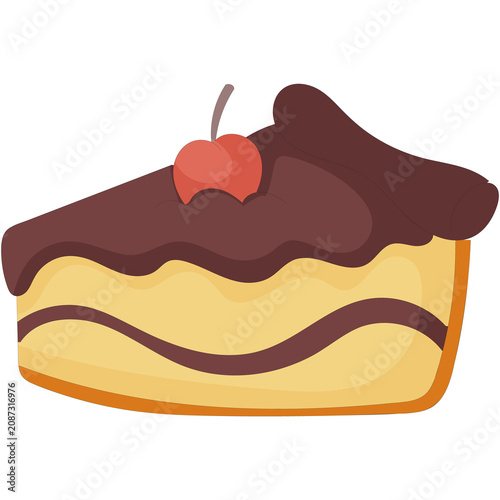 Flat colored illustration of a chocolate cake slice topped with cherry symbolizing dessert, bakery, sweet treat and celebration food.