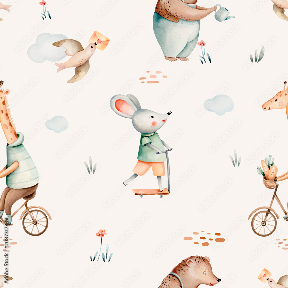 Obraz premium Hand-drawn seamless watercolor pattern with giraffe riding a bike and and mouse on scooter bird. Whimsical pastel design bear background for nursery in gentle pastel color. Children trendy wallpaper