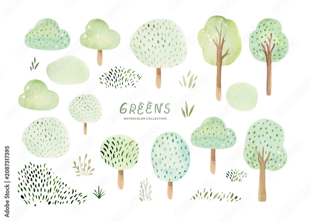Fototapeta premium Set of watercolor green tree isolated on white background for landscape and architecture drawing, elements for kids map environment and nursary garden, botanical quirky illustration