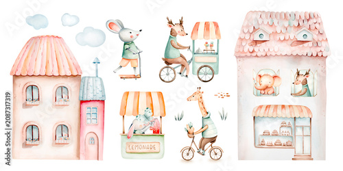 Cute Watercolor Animal Village Illustration with Bakery, Lemonade Stand and Bicycles, Kids Cartoon Cottage Town Scene with Zebra, Giraffe, Deer and Rabbit Characters