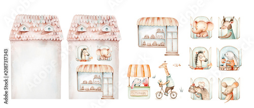 Cute Watercolor Animal Village Illustration with Bakery, Lemonade Stand and Bicycles, Kids Cartoon Cottage Town Scene with Zebra, Giraffe, Deer and Rabbit Characters baby shower, birthday invitation
