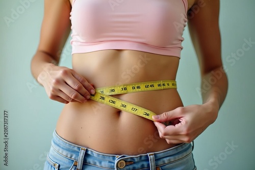 A detailed image of a woman measuring her stomach fat without a shirt, examining the complex issues of weight loss, body positivity, and wellness.