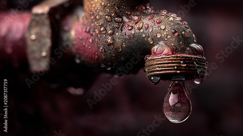 Close-up of Water Droplet Hanging from Rusty Faucet with Water Droplets