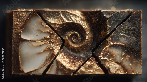 Cross-section of fossilized ammonite shell showcasing intricate spiral pattern and natural mineral deposits