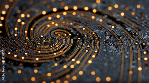 Close-up of glowing gold and orange dots swirling in spiral pattern on dark textured surface