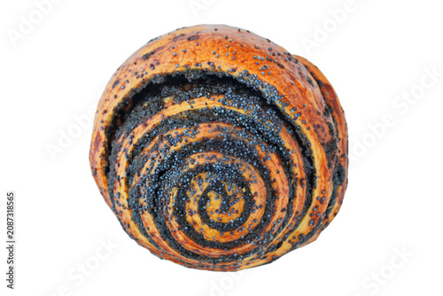 Gourmet bake. Poppy seed bun isolated on a white background. Top view.