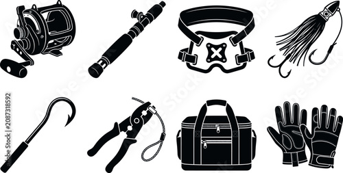 Εκτύπωση καμβά Deep Sea Big Game Fishing Tackle Black Silhouette Icon Set with Reel, Lure, and