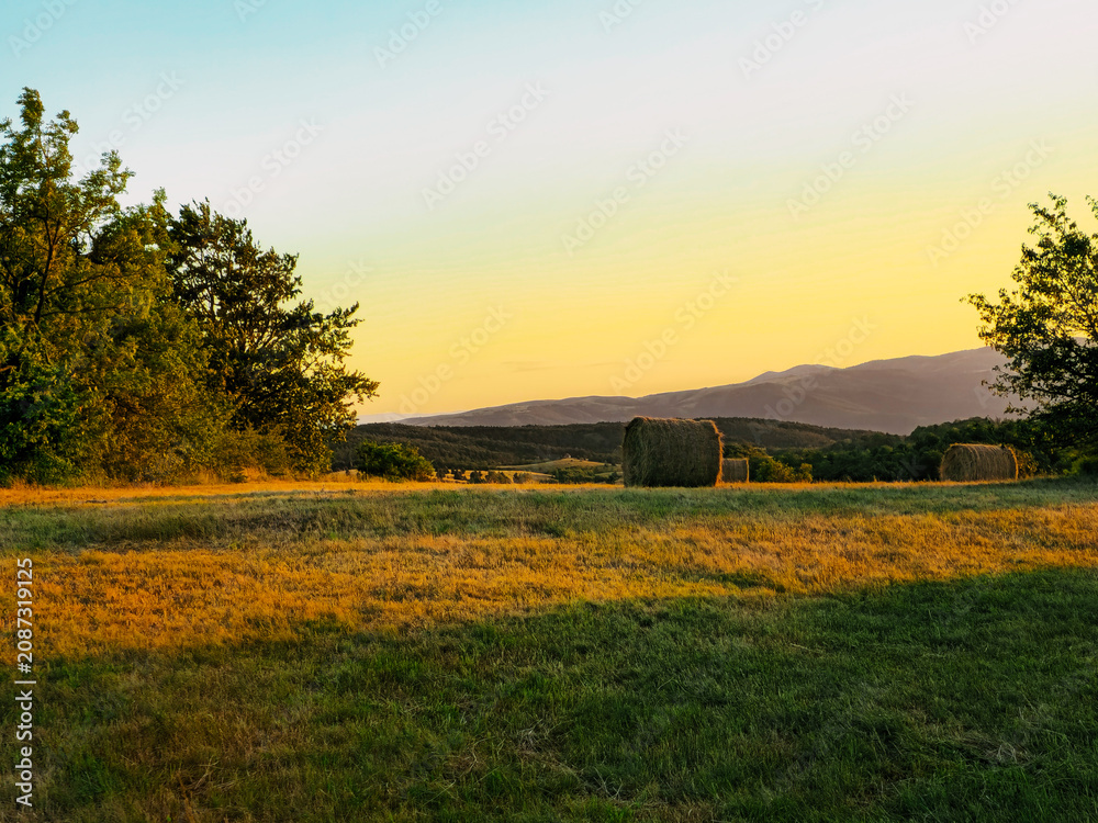 Fototapeta premium Beautiful scenic scene of a mountain meadow with hay bales. Mountain grass fields. Rajac Mountain.