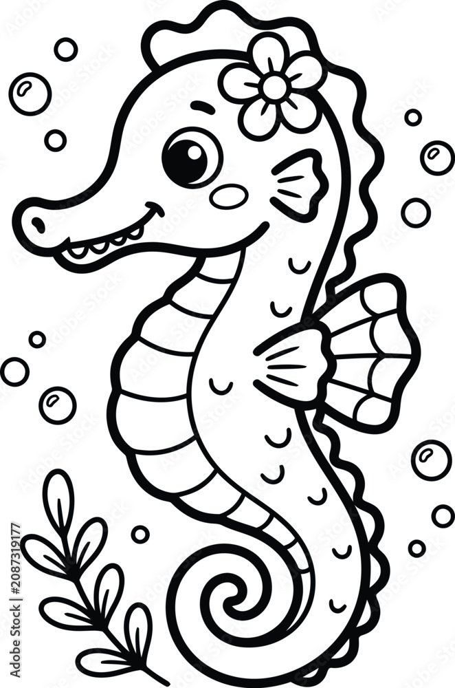 Obraz premium Cute seahorse colouring pages for kids ocean animal illustration