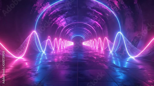 Futuristic Neon Tunnel with Vibrant Light Waves and Reflections.