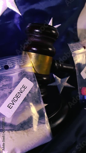 Conceptual video showing seized narcotics in evidence bags, including powder and pills, alongside a judge's gavel resting on a United States flag, symbolizing the American justice system