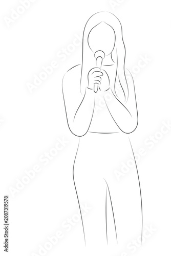 Sketch of a girl with a microphone, illustration without a face, isolate on a white background, flat style, stand up comedian