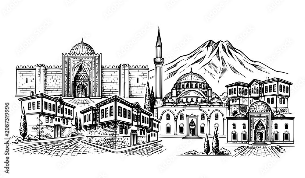 Obraz premium Aksaray Turkey Landmark Skyline Hand Drawn Sketch Vector Illustration with Historic Architecture Isolated on White Background