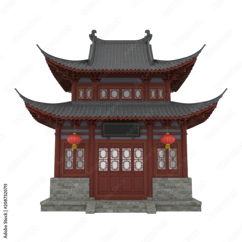 Fototapeta premium Traditional chinese pagoda facade with dark grey tiled roofs, ornate red wooden pillars, lattice windows, and glowing silk lanterns against white, serene elegance