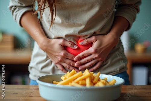 Person grimacing in agony while holding their stomach after indulging in greasy fast food.