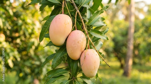 Ripened Mangoes Hanging from Tree Branch in Orchard