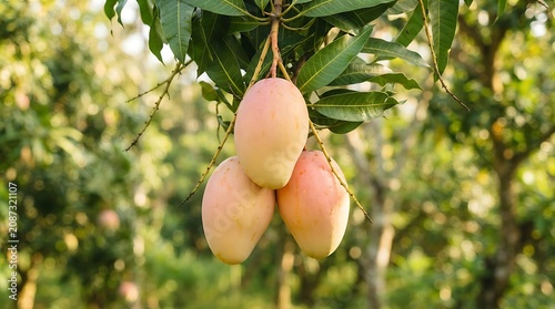 Three ripe mangos hanging from tree branch with green leaves