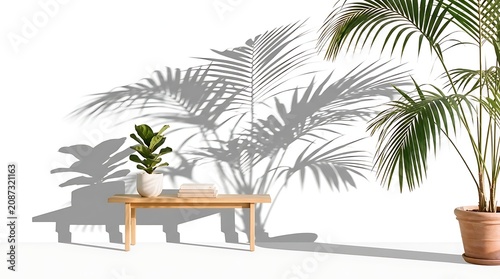 Tropical Indoor Garden Lounge with White Bench and Palm Plants in Bright Natural Light