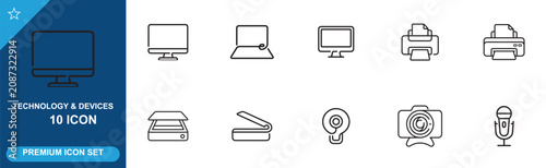 Office equipment icon collection with monitor printer scanner webcam and microphone design.