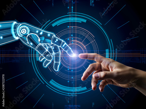 Futuristic Digital Art Concept Representing the Seamless Interaction Between Human Fingers and Robotic Hands Connecting in a Complex Cybernetic Data Network