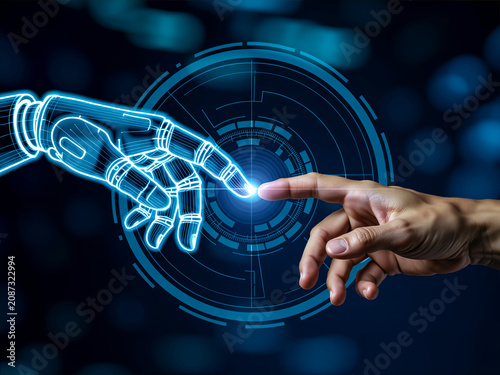 Futuristic Digital Interface Showing the Connection Between Human Intelligence and Artificial Intelligence with Robot Hand Touching Human Finger