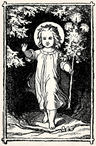 Holy child with halo holding radiant staff in forest scene. Antique stylized illustration.