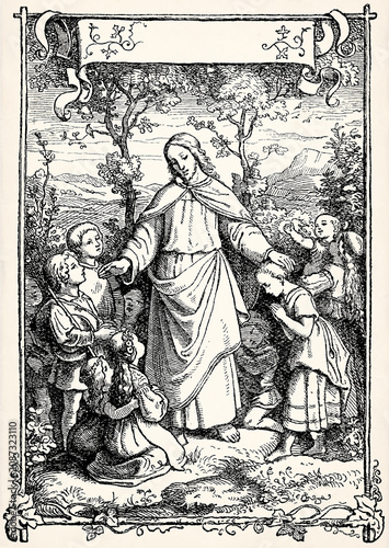 Jesus with children in pastoral biblical scene. Antique stylized illustration.