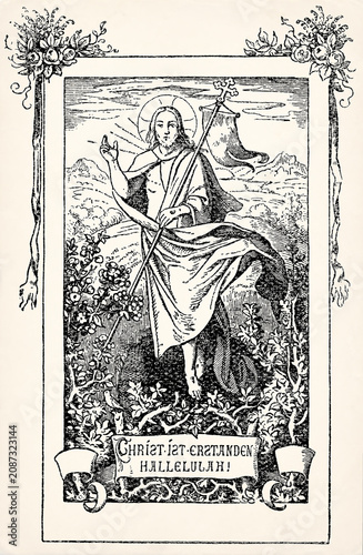 Risen Christ with halo holding cross banner among flowers. Antique stylized illustration.