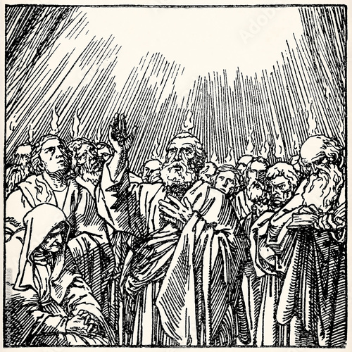 Descent of Holy Spirit upon gathered believers with tongues of fire. Antique stylized illustration.