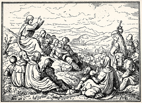 Jesus delivering sermon to gathered listeners on hillside. Antique stylized illustration.