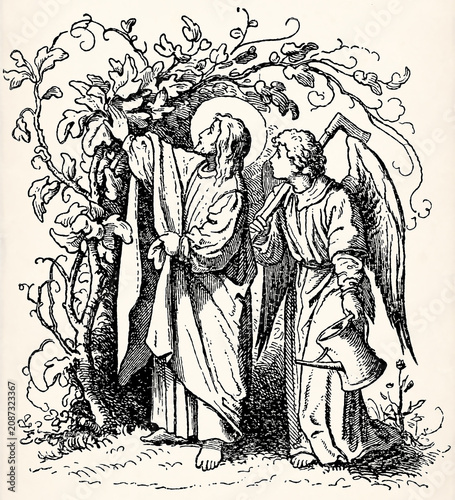 Holy figure with halo and angel working beneath leafy tree. Antique stylized illustration.