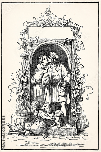 Family figures with child standing in ornate arched doorway with children below. Antique stylized illustration.