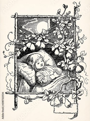 Sleeping child in bed framed by leafy vines at night. Antique stylized illustration.