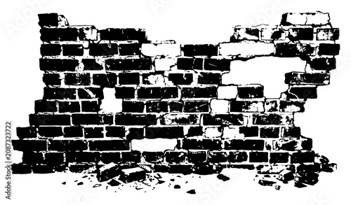 Obraz na plátně Ruined brick wall with crumbling stone blocks and high contrast grunge texture