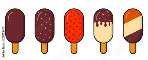 Flat vector icon set of various sweet ice cream popsicles with different toppings. Illustrations for summer and dessert design