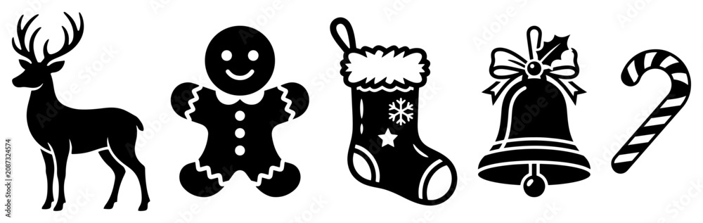 Fototapeta premium Christmas holiday silhouette icons with reindeer gingerbread man stocking bell candy cane style
