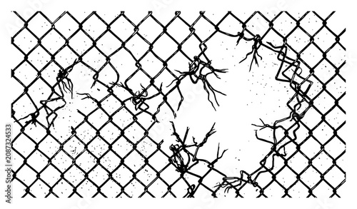 wire mesh fence with broken torn hole in grunge metallic style