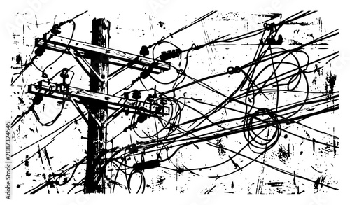 utility pole with tangled power lines and cables in messy urban grunge style